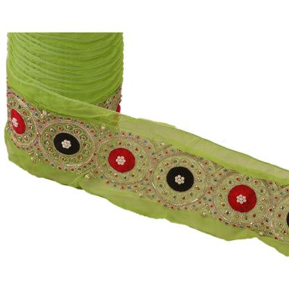 Sanskriti Vintage Sari Border Hand Beaded 1Yd Indian Trim Sewing Green Zari Lace