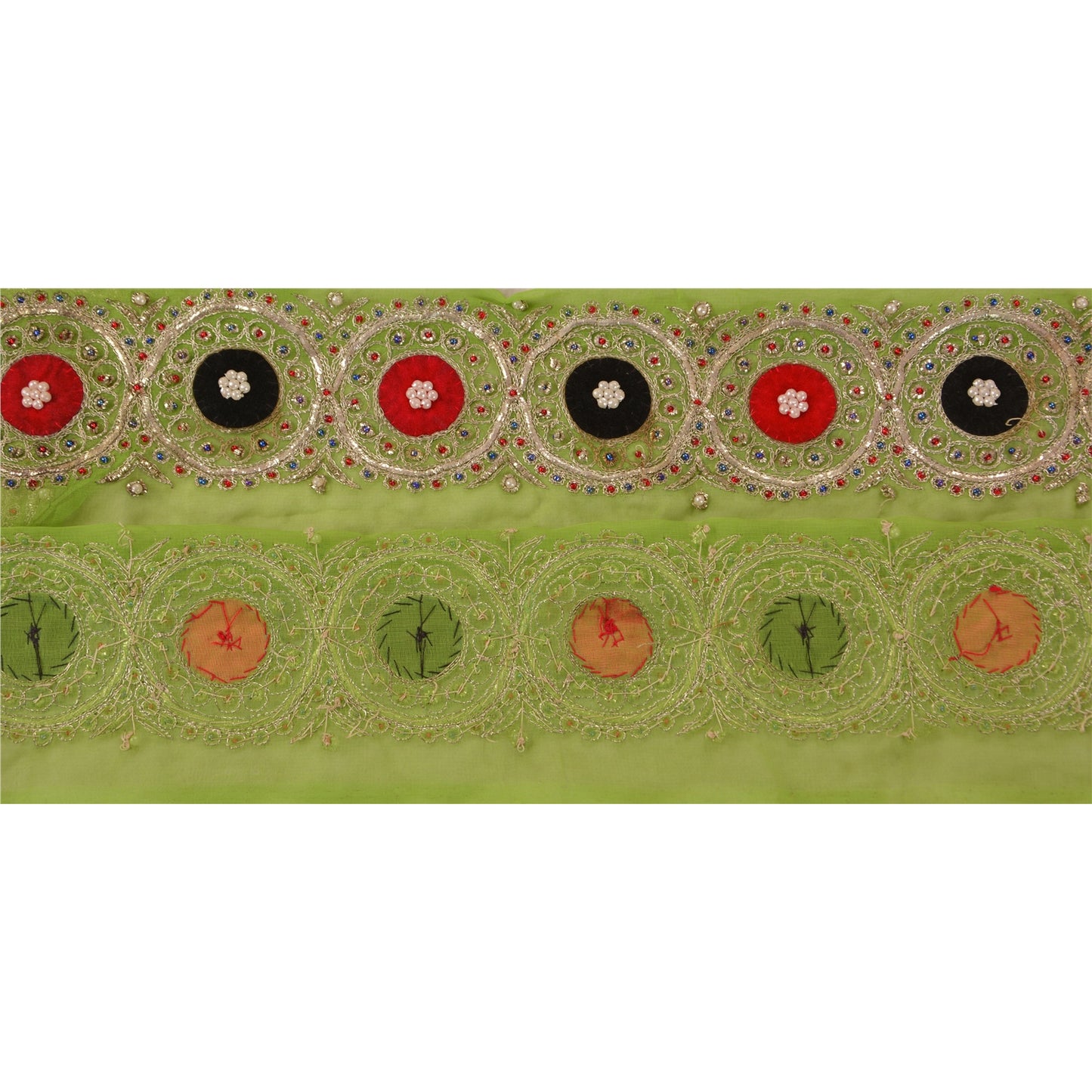 Sanskriti Vintage Sari Border Hand Beaded 1Yd Indian Trim Sewing Green Zari Lace