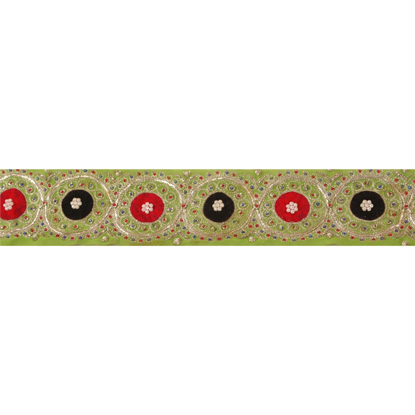 Sanskriti Vintage Sari Border Hand Beaded 1Yd Indian Trim Sewing Green Zari Lace