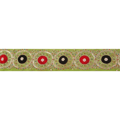 Sanskriti Vintage Sari Border Hand Beaded 1Yd Indian Trim Sewing Green Zari Lace