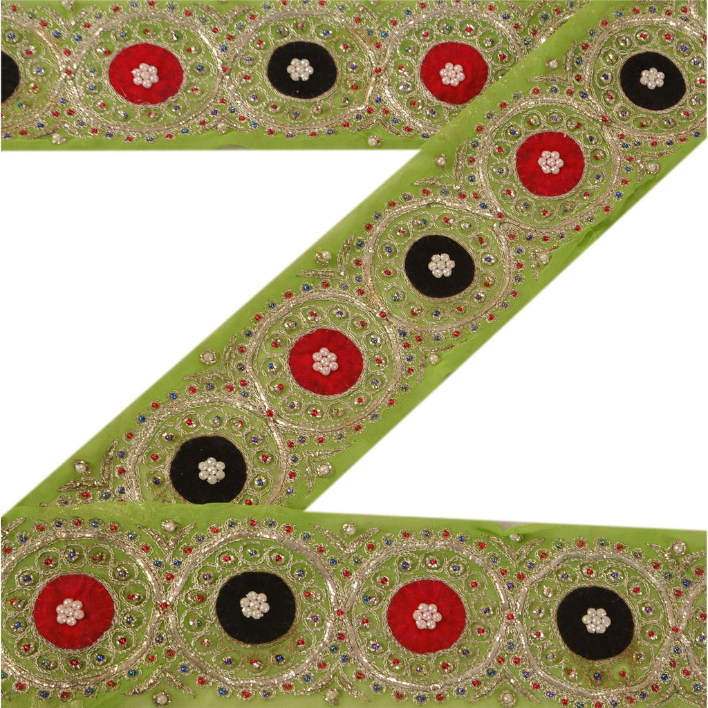 Sanskriti Vintage Sari Border Hand Beaded 1Yd Indian Trim Sewing Green Zari Lace