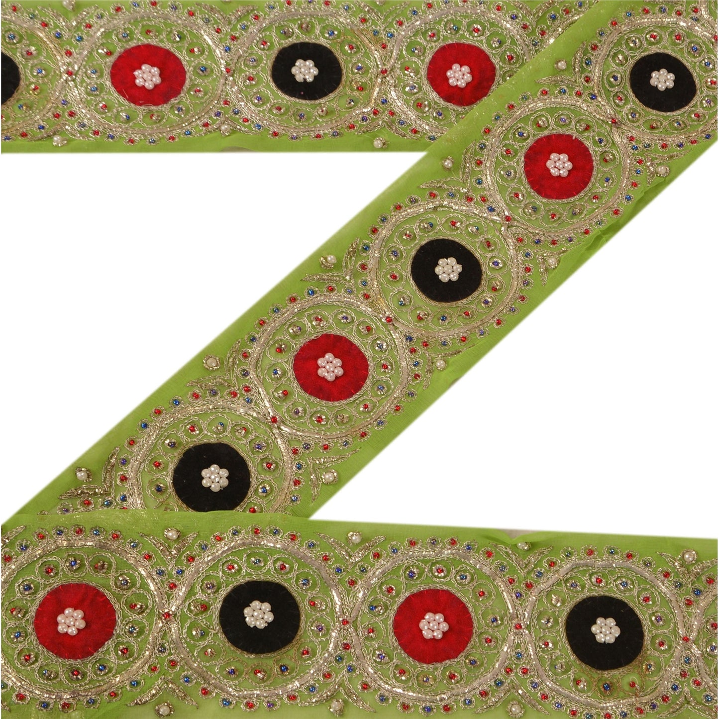 Sanskriti Vintage Sari Border Hand Beaded 1Yd Indian Trim Sewing Green Zari Lace