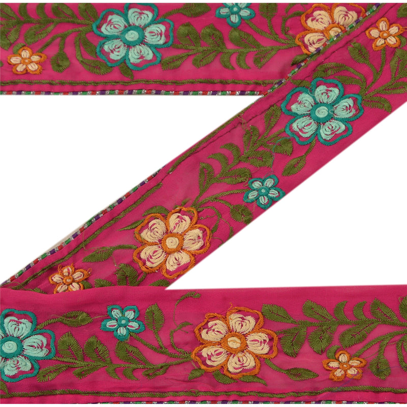 Sanskriti Vintage Sari/Sarees Border Embroidered 1 Yd Trim Sewing Pink Craft Floral Georgette Lace upholstery fabric