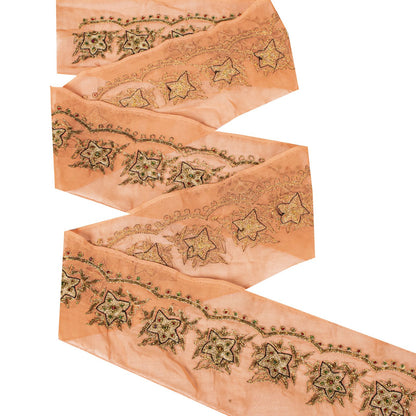 Sanskriti Vintage Peach Georgette 1 YD Sari Border Craft Trim Hand Embroidered