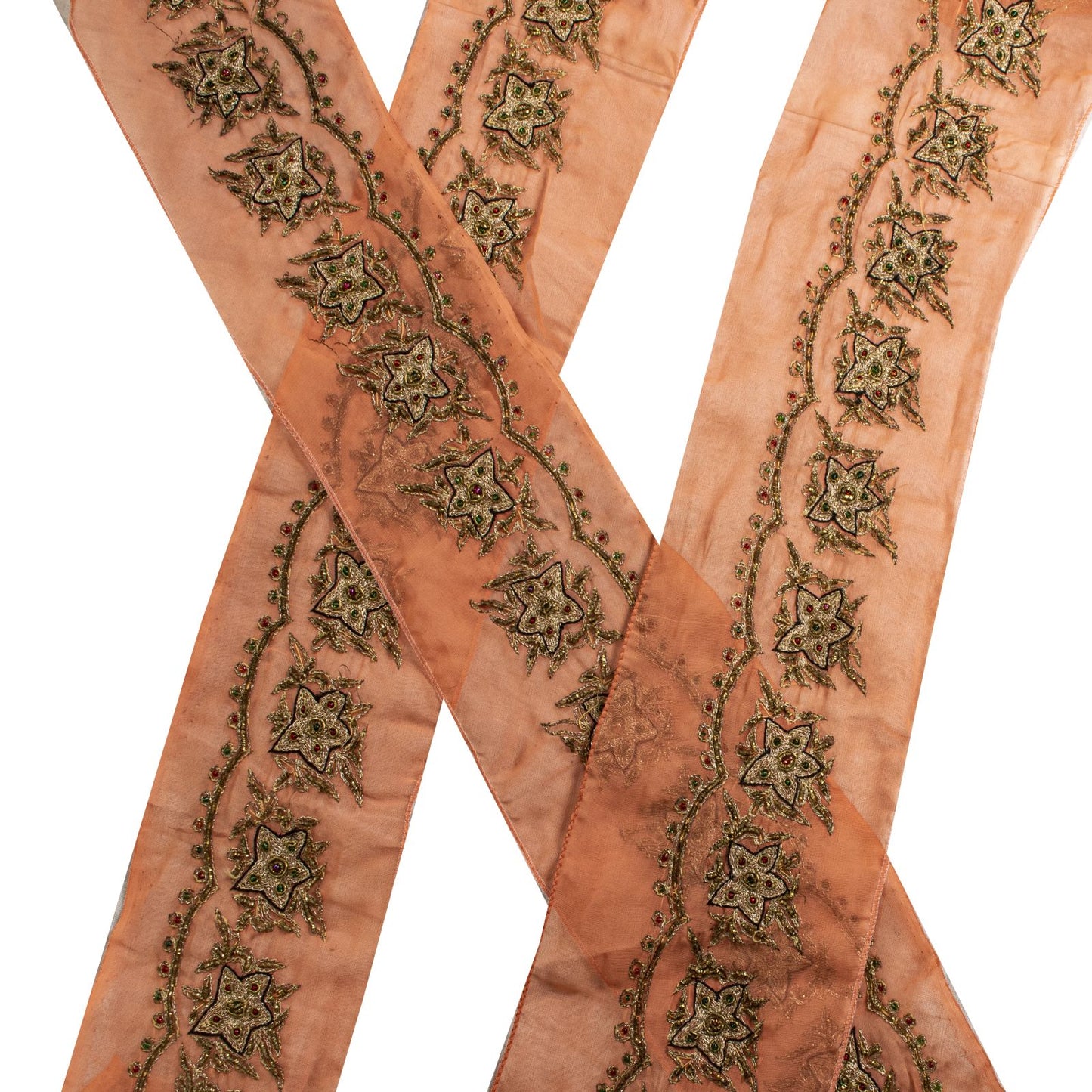 Sanskriti Vintage Peach Georgette 1 YD Sari Border Craft Trim Hand Embroidered