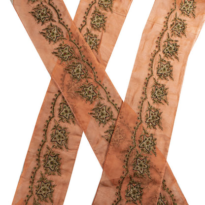 Sanskriti Vintage Peach Georgette 1 YD Sari Border Craft Trim Hand Embroidered