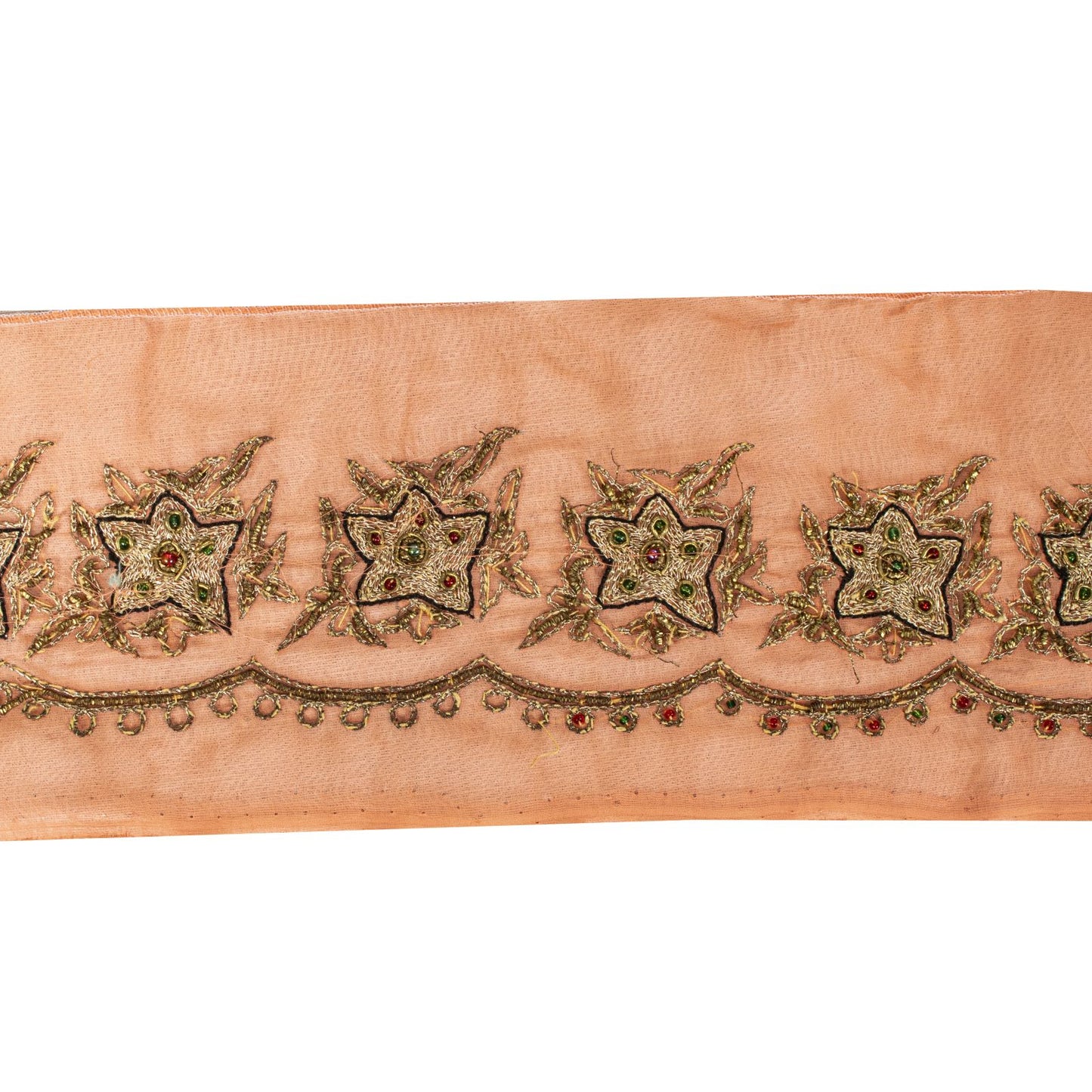 Sanskriti Vintage Peach Georgette 1 YD Sari Border Craft Trim Hand Embroidered