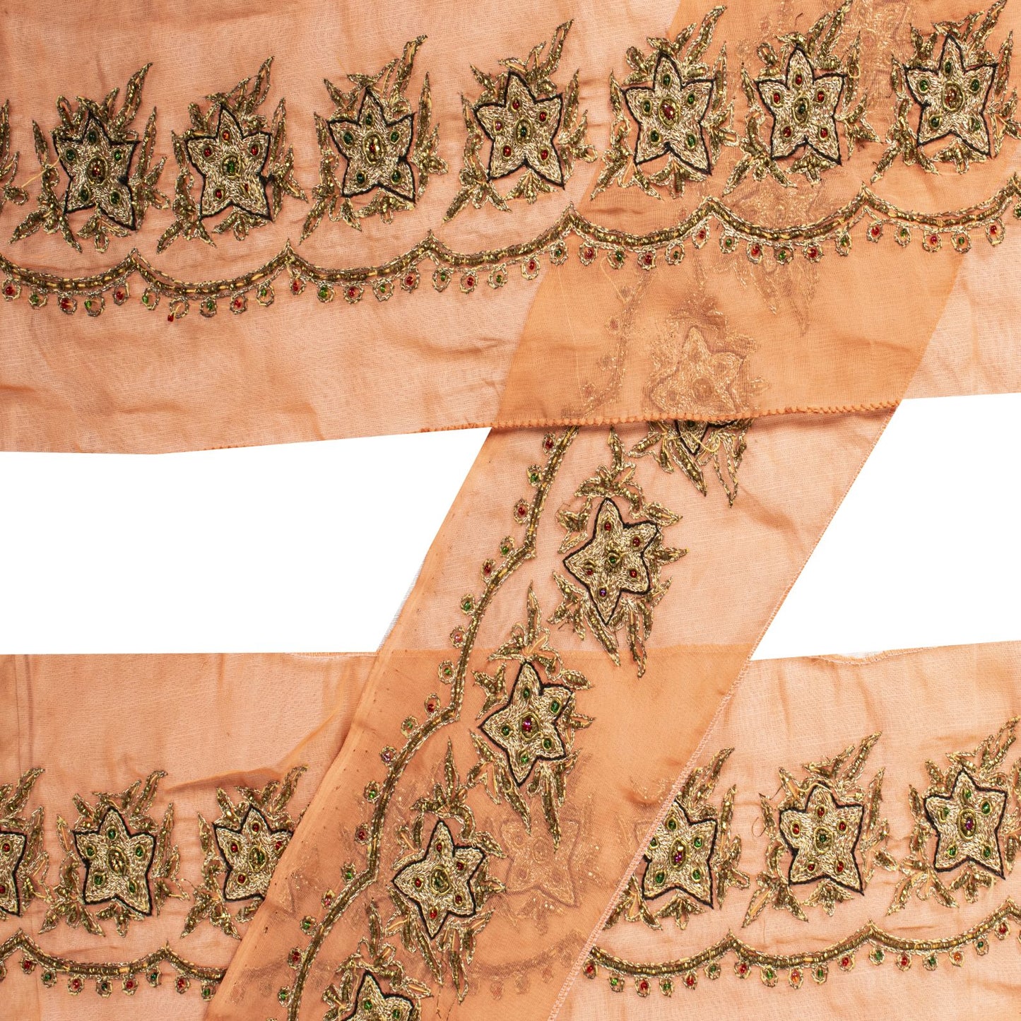 Sanskriti Vintage Peach Georgette 1 YD Sari Border Craft Trim Hand Embroidered