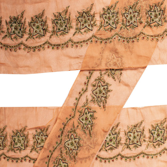 Sanskriti Vintage Peach Georgette 1 YD Sari Border Craft Trim Hand Embroidered