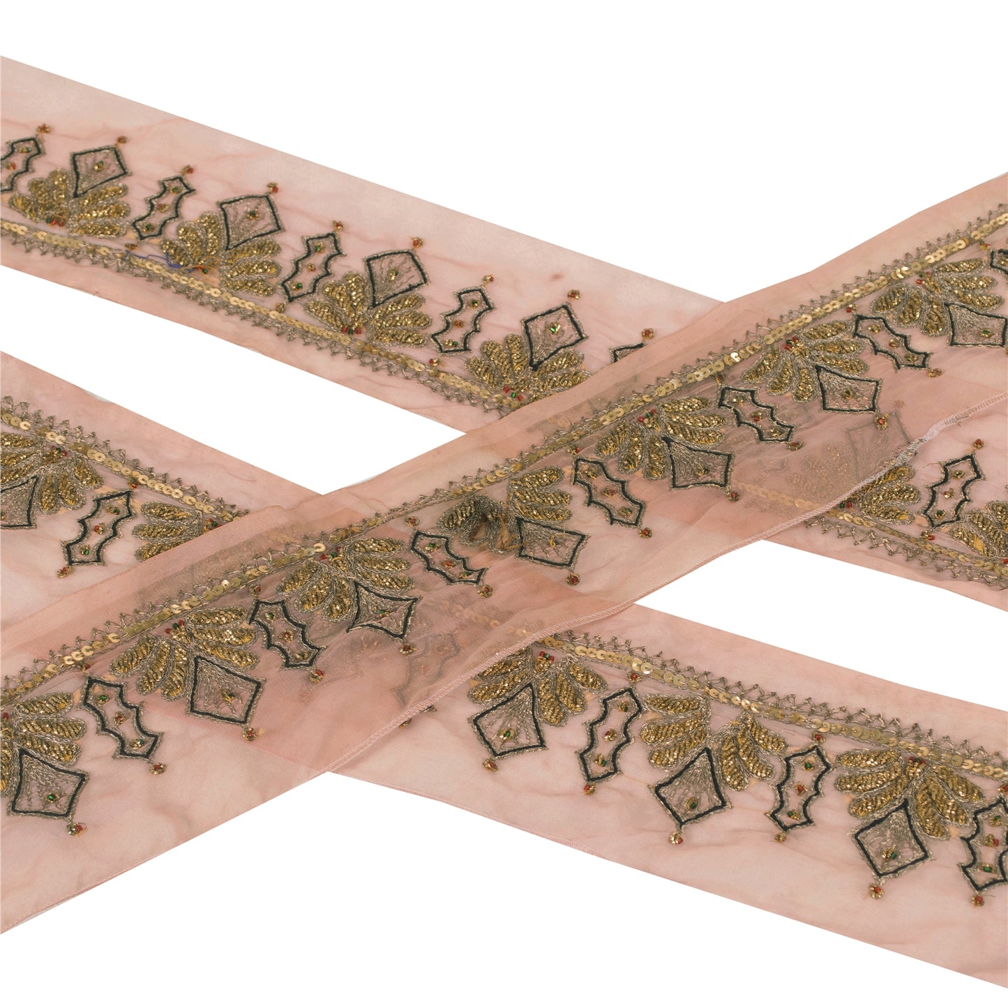 Sanskriti Vintage Border Antique Hand Beaded 1 YD Trim Sequins Pink Zari Lace