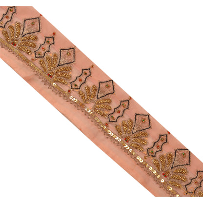 Sanskriti Vintage Border Antique Hand Beaded 1 YD Trim Sequins Pink Zari Lace