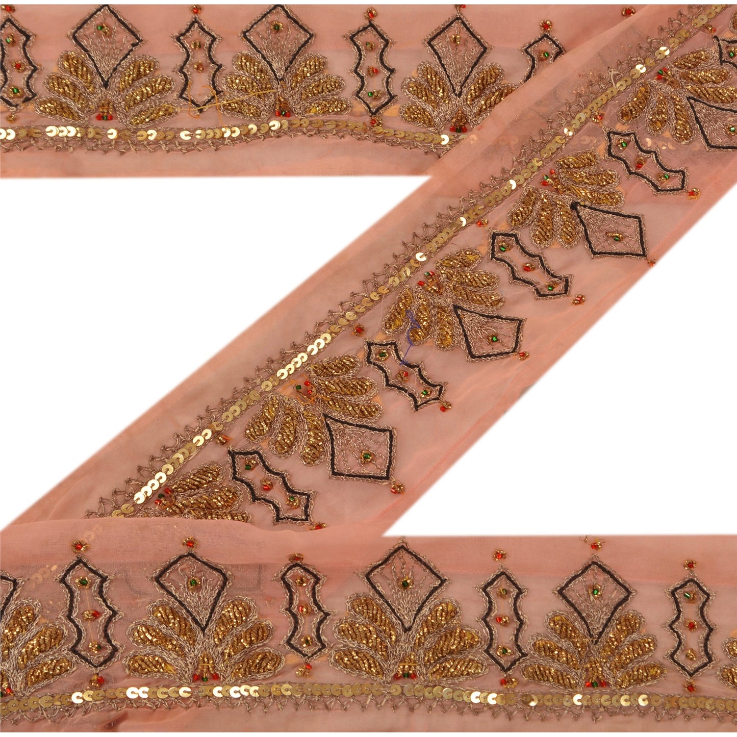 Sanskriti Vintage Border Antique Hand Beaded 1 YD Trim Sequins Pink Zari Lace