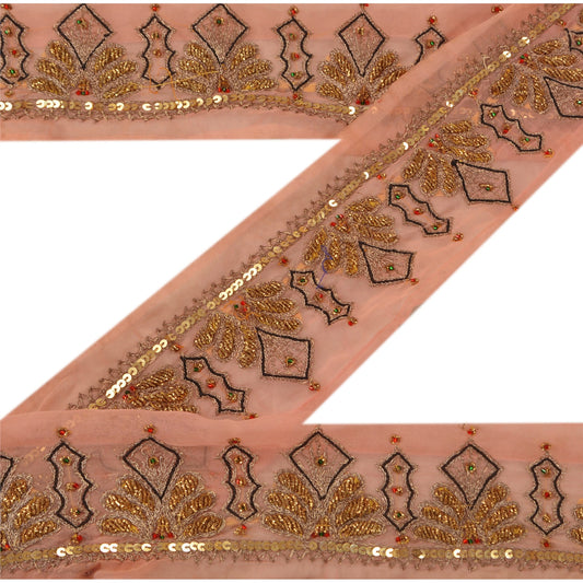 Sanskriti Vintage Border Antique Hand Beaded 1 YD Trim Sequins Pink Zari Lace