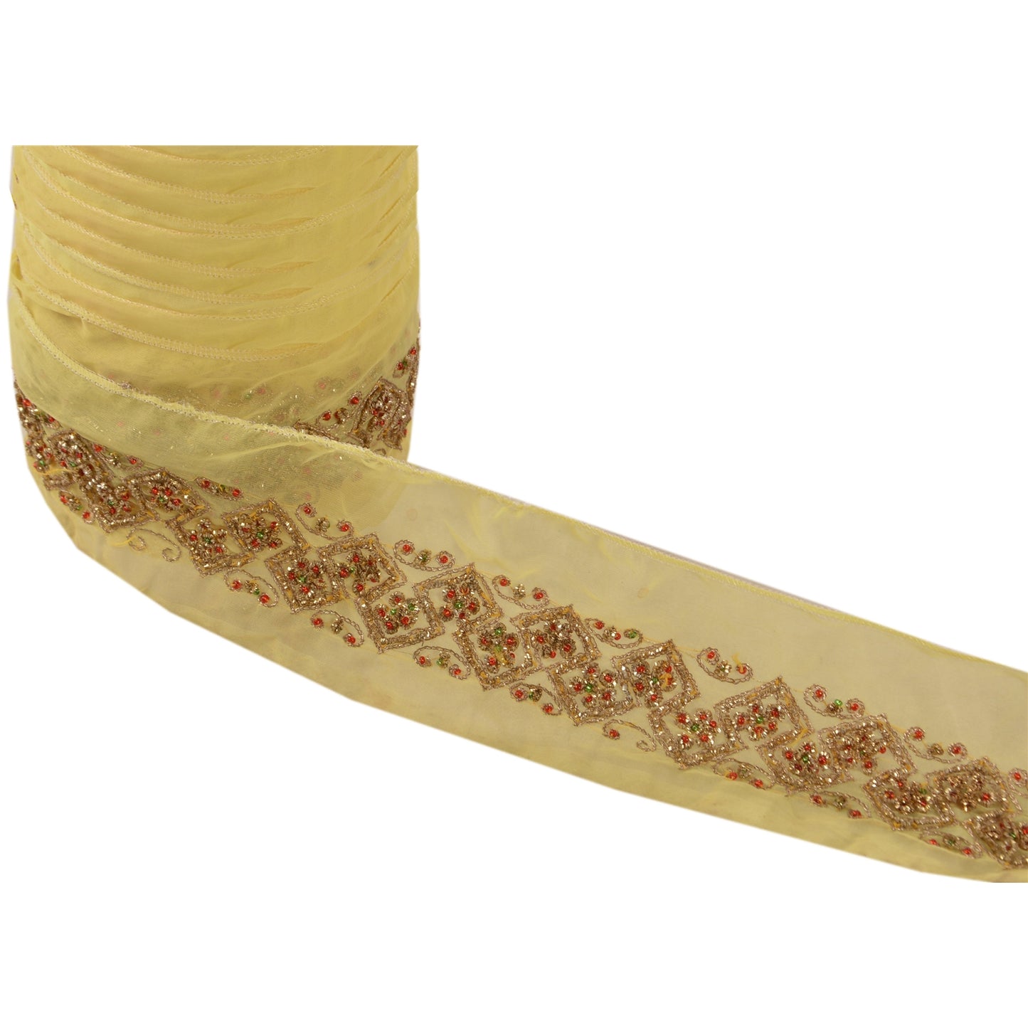 Sanskriti Vintage Sari Border Hand Beaded Zari 1 YD Cream Craft Zari Dabka Trim