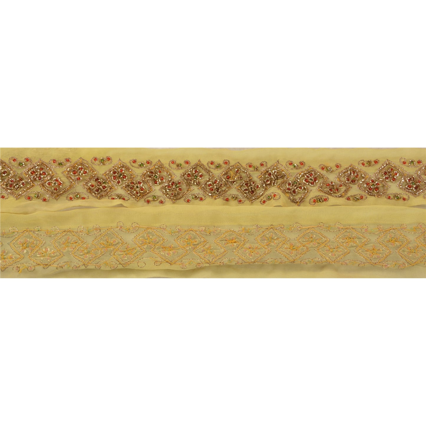 Sanskriti Vintage Sari Border Hand Beaded Zari 1 YD Cream Craft Zari Dabka Trim