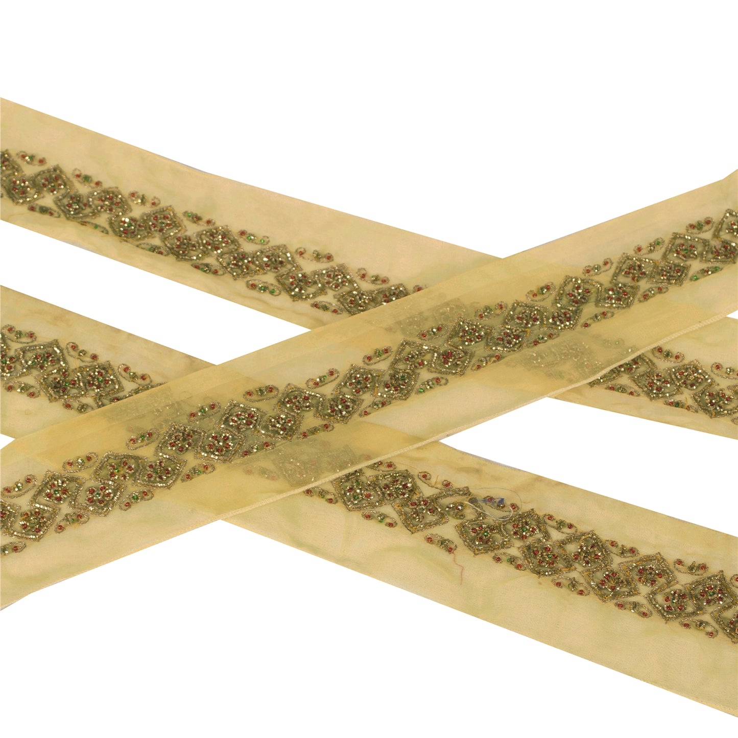 Sanskriti Vintage Sari Border Hand Beaded Zari 1 YD Cream Craft Zari Dabka Trim