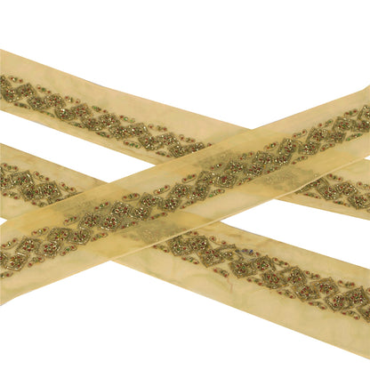 Sanskriti Vintage Sari Border Hand Beaded Zari 1 YD Cream Craft Zari Dabka Trim