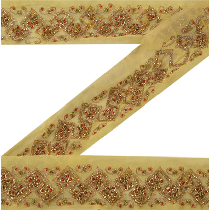 Sanskriti Vintage Sari Border Hand Beaded Zari 1 YD Cream Craft Zari Dabka Trim