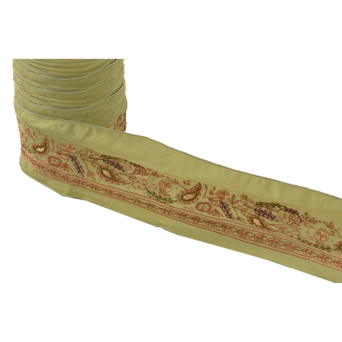 Sanskriti Vintage Suzani Sari Border Hand Embroidered 1 YD Trim Craft Green Lace