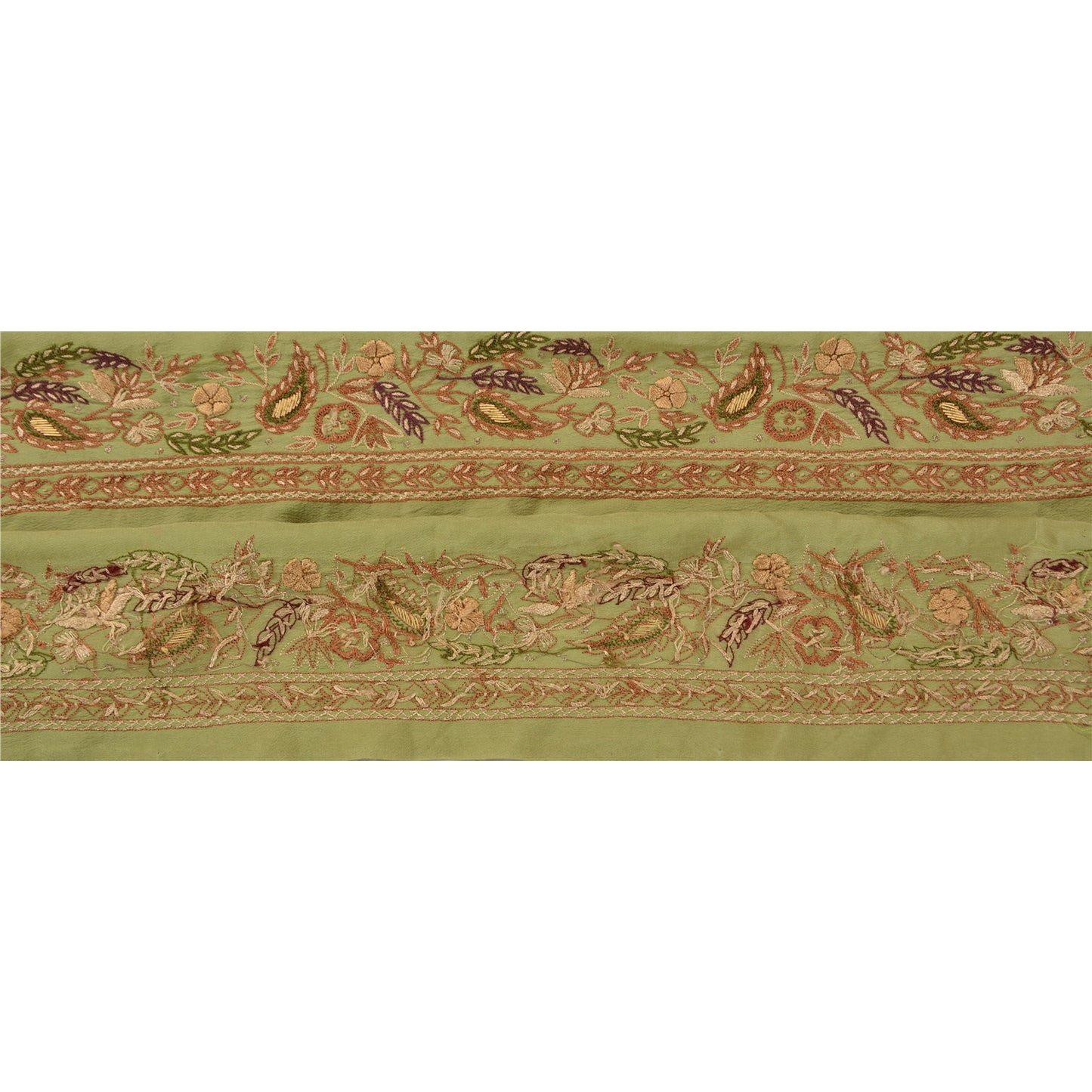 Sanskriti Vintage Suzani Sari Border Hand Embroidered 1 YD Trim Craft Green Lace