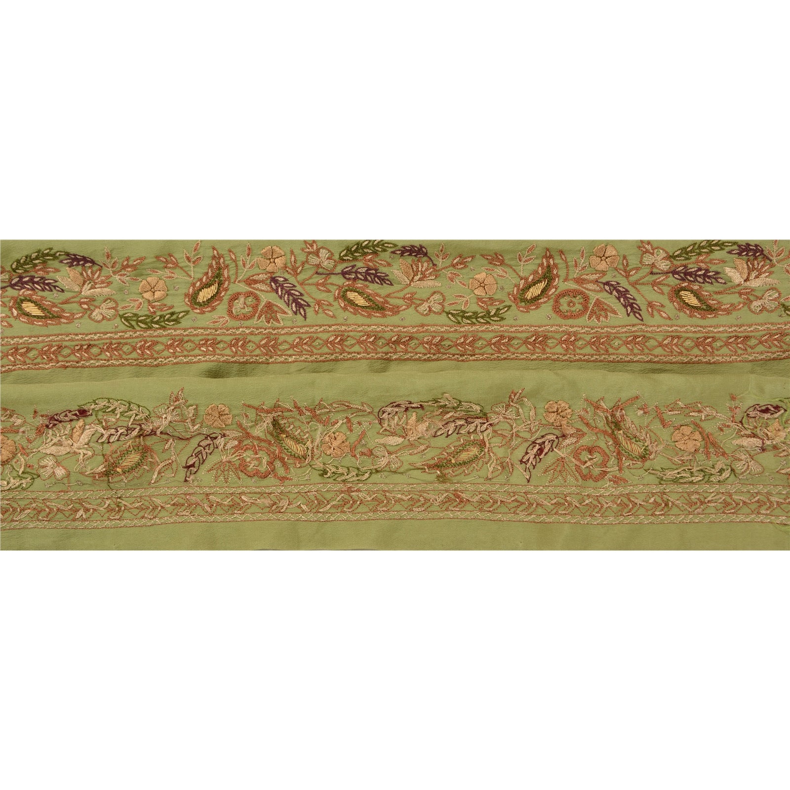 Sanskriti Vintage Suzani Sari Border Hand Embroidered 1 YD Trim Craft Green Lace