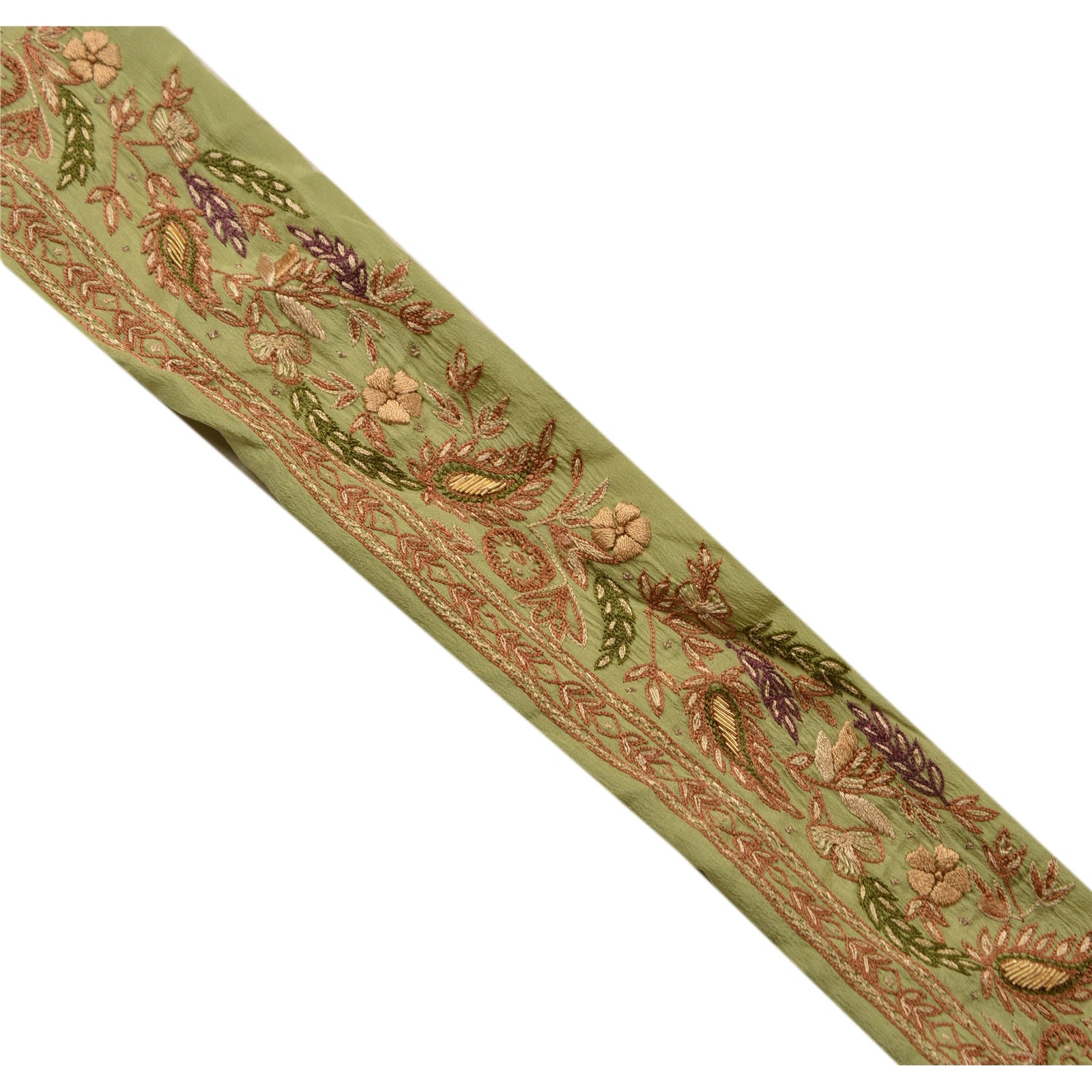 Sanskriti Vintage Suzani Sari Border Hand Embroidered 1 YD Trim Craft Green Lace