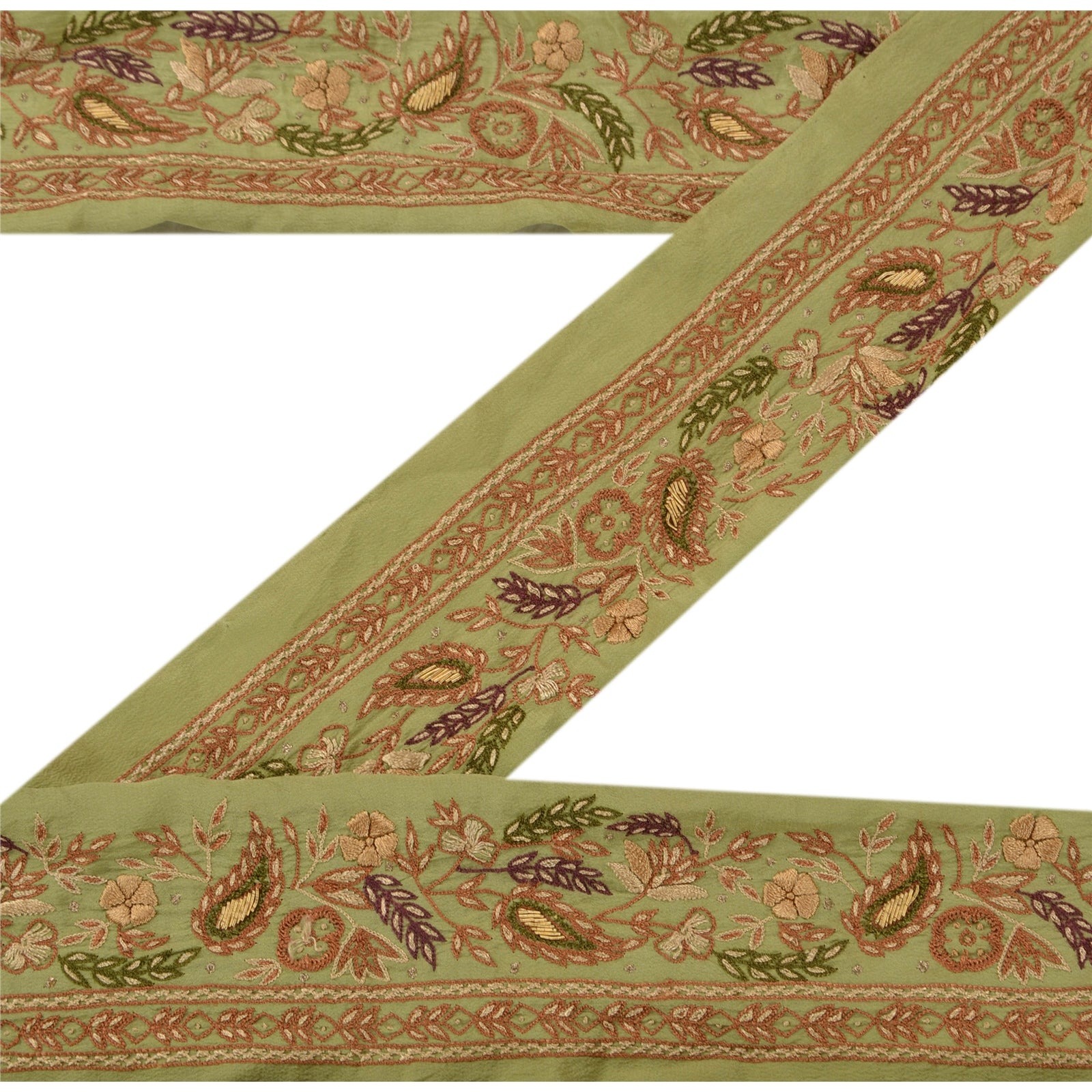 Sanskriti Vintage Suzani Sari Border Hand Embroidered 1 YD Trim Craft Green Lace