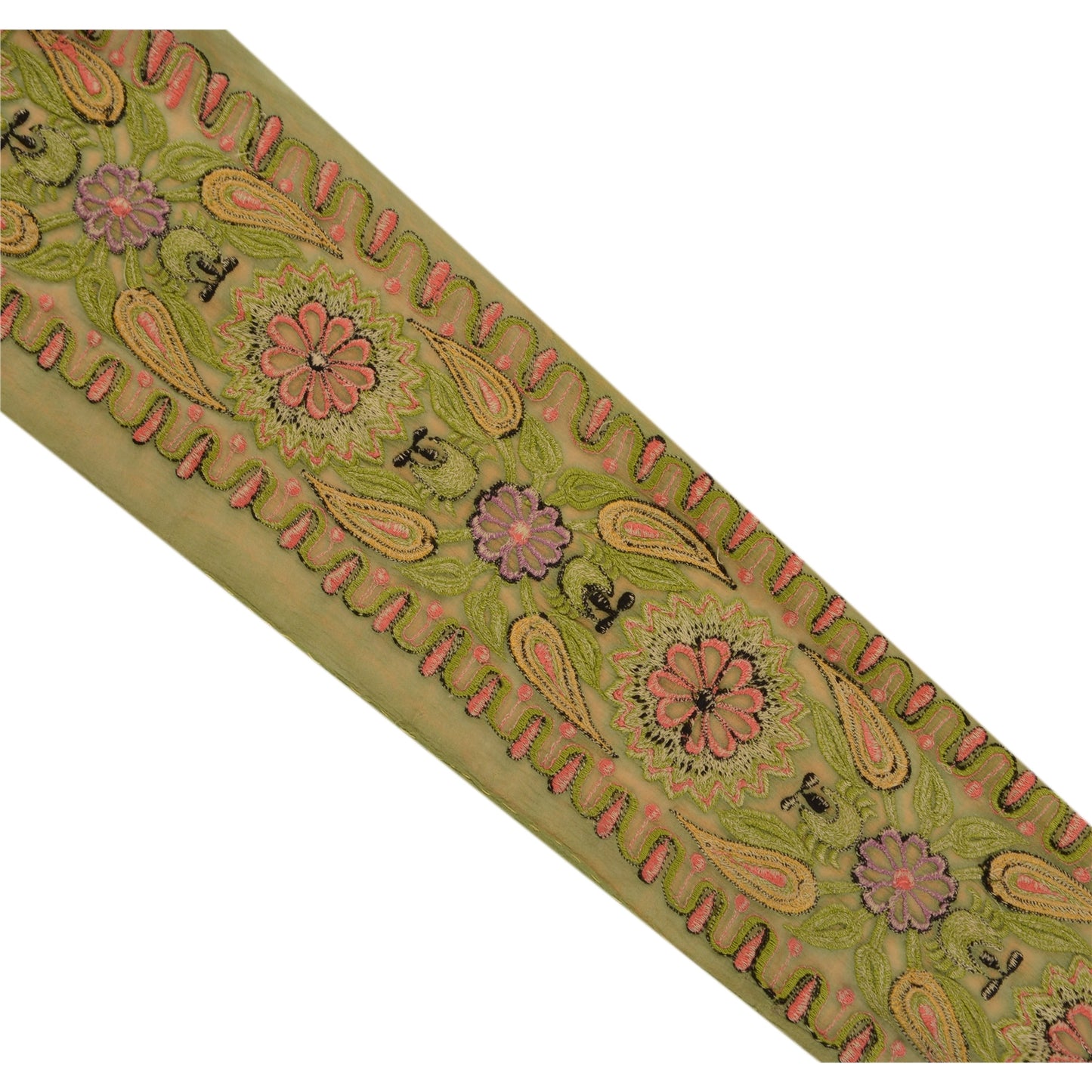 Sanskriti Vintage Sari Border Antique Embroidered 1 Yd Trim Sewing Green Craft Floral Lace