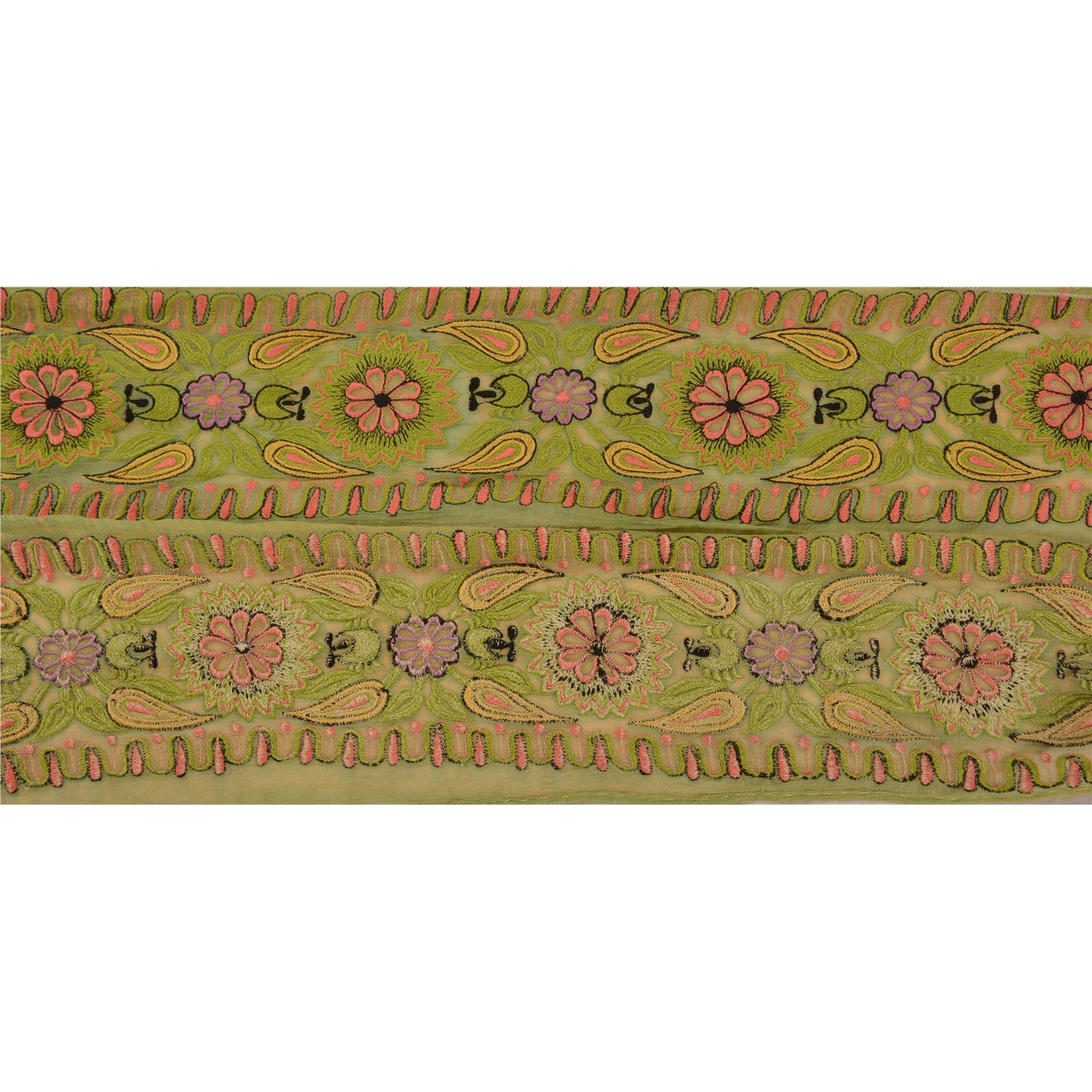 Sanskriti Vintage Sari Border Antique Embroidered 1 Yd Trim Sewing Green Craft Floral Lace