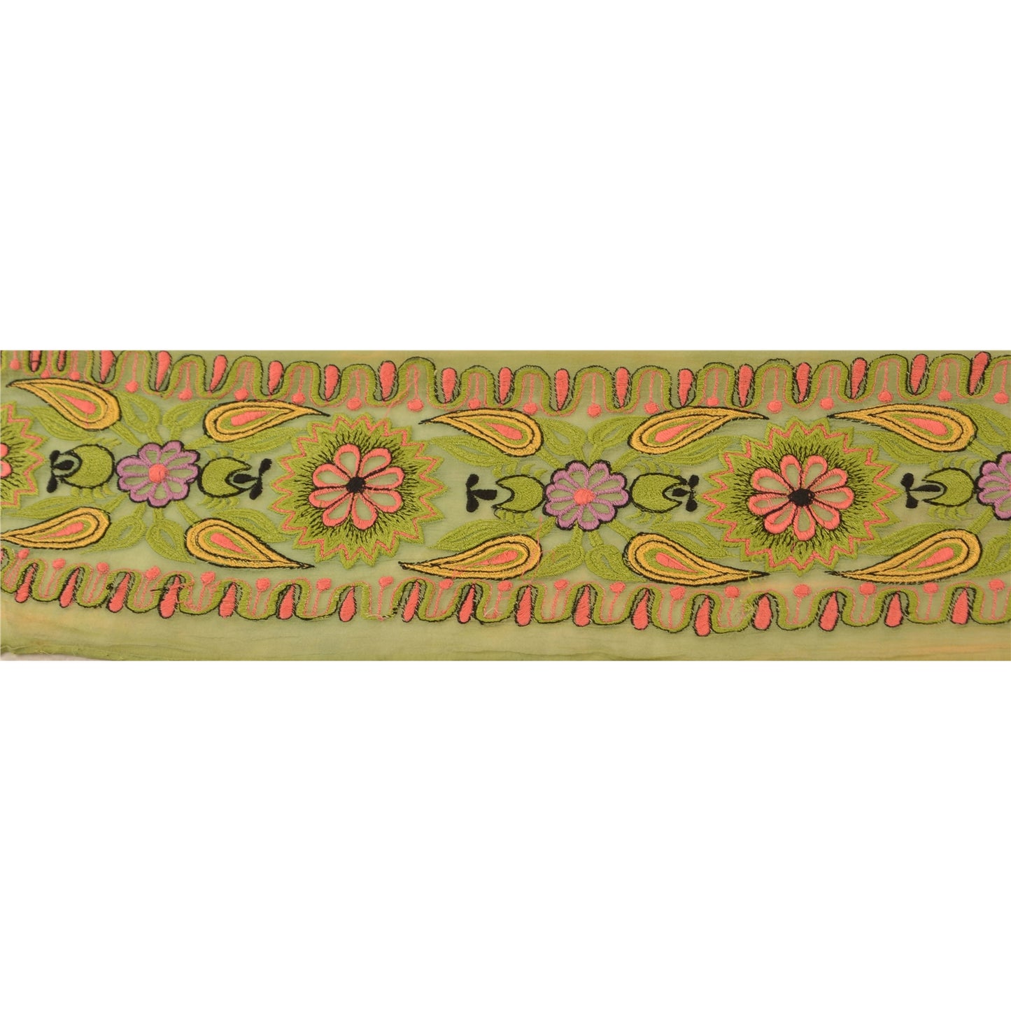 Sanskriti Vintage Sari Border Antique Embroidered 1 Yd Trim Sewing Green Craft Floral Lace