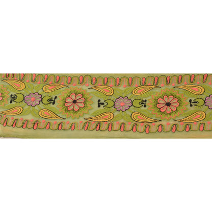 Sanskriti Vintage Sari Border Antique Embroidered 1 Yd Trim Sewing Green Craft Floral Lace