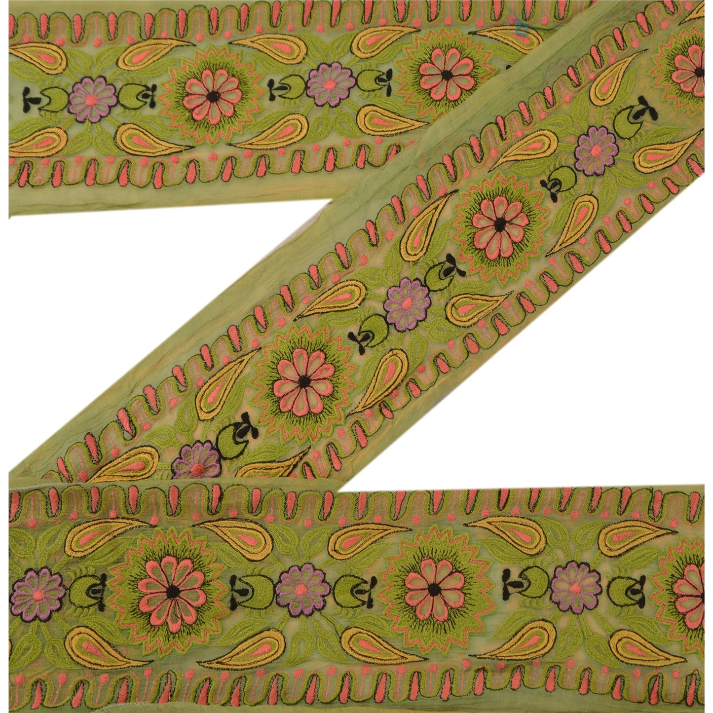 Sanskriti Vintage Sari Border Antique Embroidered 1 Yd Trim Sewing Green Craft Floral Lace
