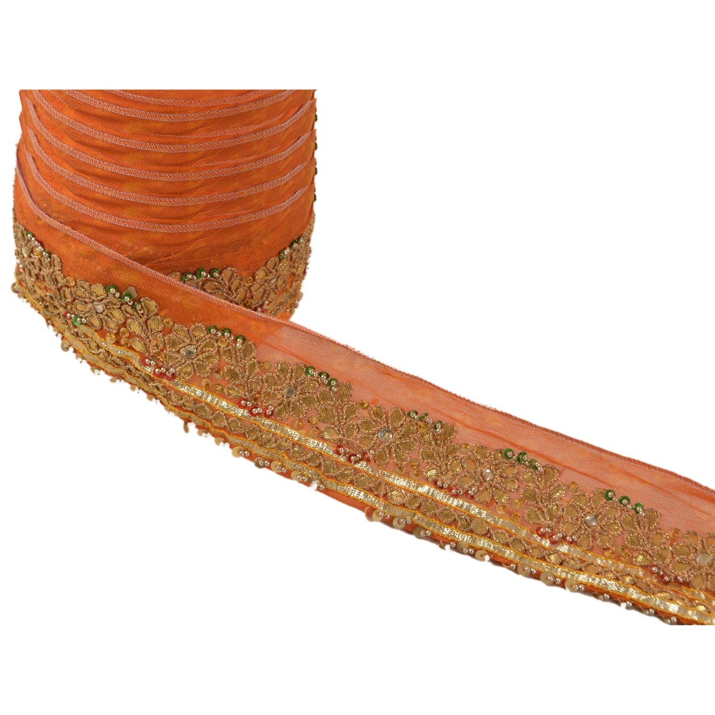 Sanskriti Vintage Sari Border Hand Beaded 1 Yd Trim Sewing Orange Craft Lace