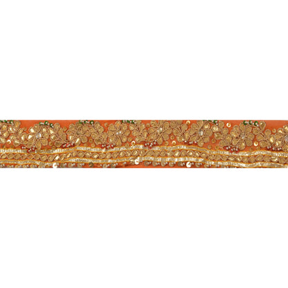 Sanskriti Vintage Sari Border Hand Beaded 1 Yd Trim Sewing Orange Craft Lace