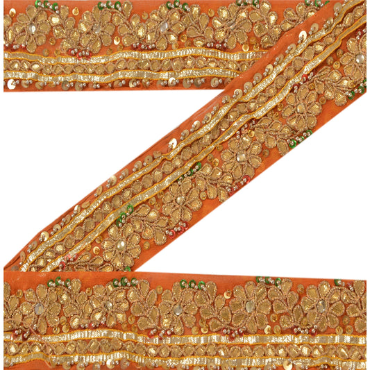 Sanskriti Vintage Sari Border Hand Beaded 1 Yd Trim Sewing Orange Craft Lace