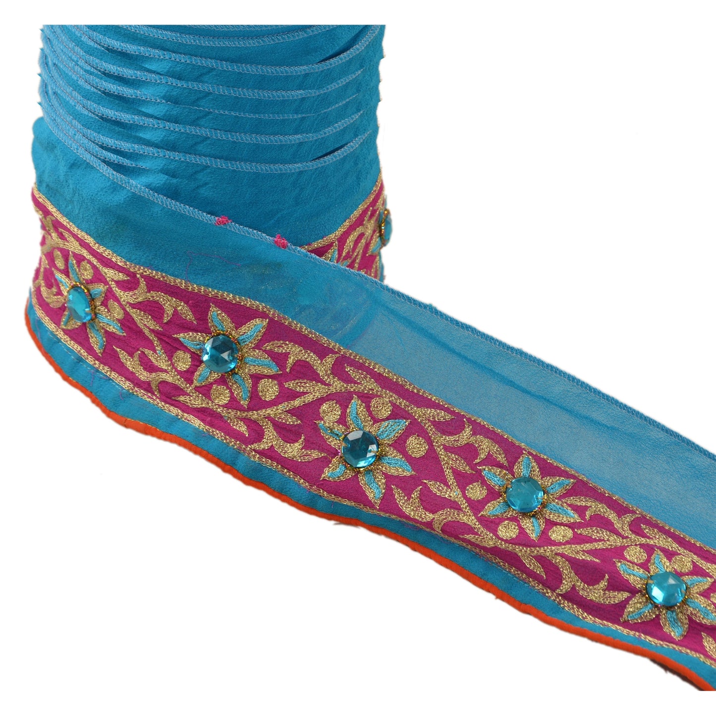 Sanskriti Vintage Sari Border Hand Beaded 1 Yd Trim Sewing Blue Rhinestone Lace