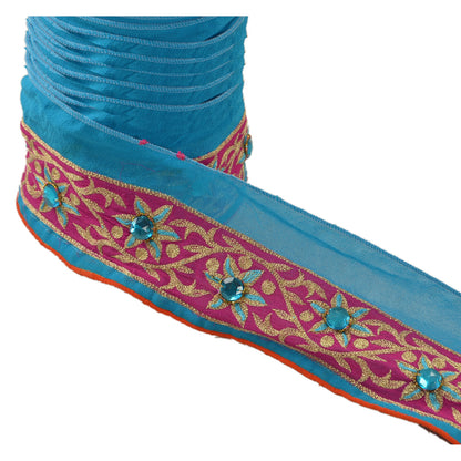 Sanskriti Vintage Sari Border Hand Beaded 1 Yd Trim Sewing Blue Rhinestone Lace