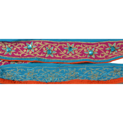 Sanskriti Vintage Sari Border Hand Beaded 1 Yd Trim Sewing Blue Rhinestone Lace