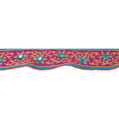 Sanskriti Vintage Sari Border Hand Beaded 1 Yd Trim Sewing Blue Rhinestone Lace