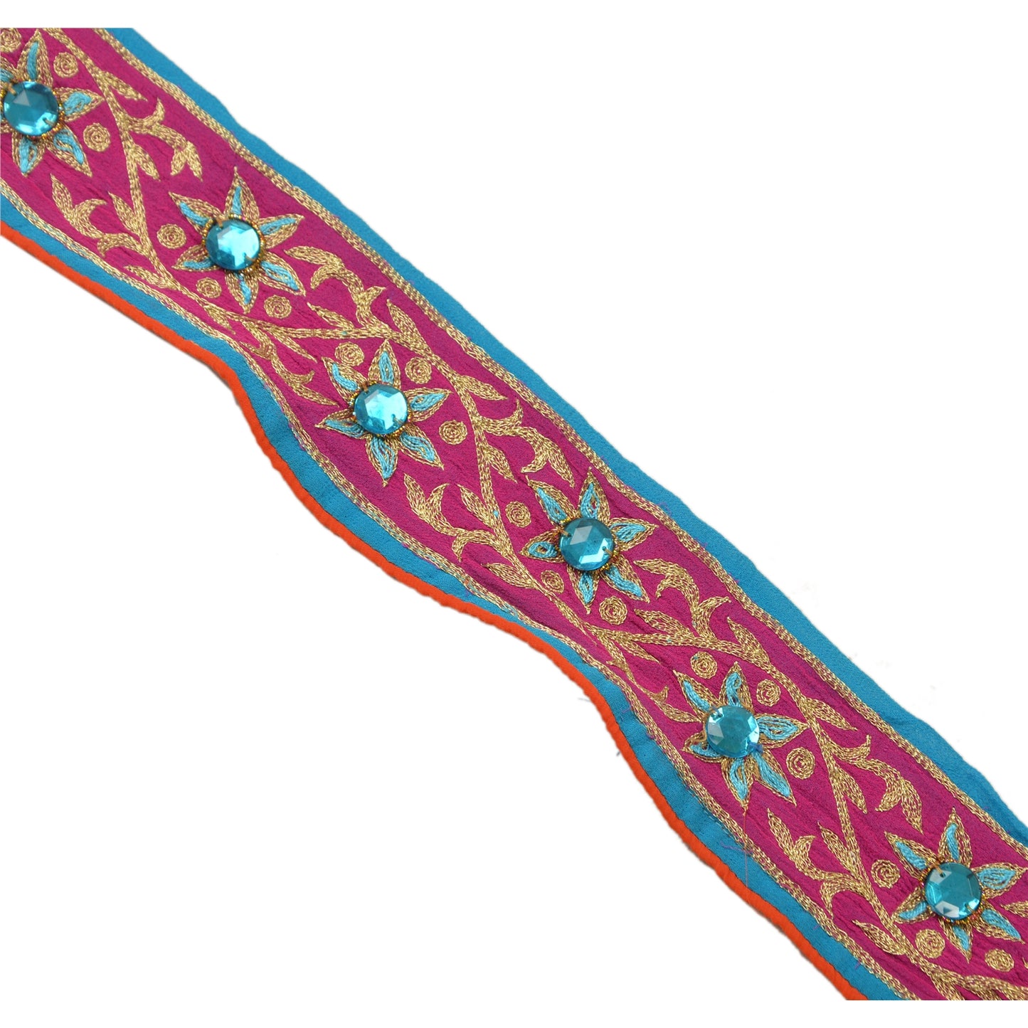 Sanskriti Vintage Sari Border Hand Beaded 1 Yd Trim Sewing Blue Rhinestone Lace