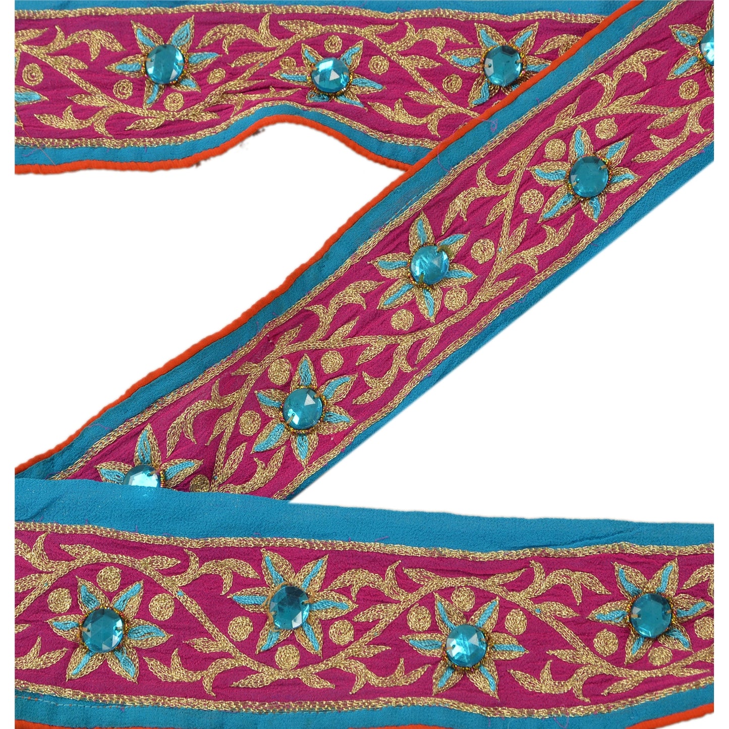 Sanskriti Vintage Sari Border Hand Beaded 1 Yd Trim Sewing Blue Rhinestone Lace