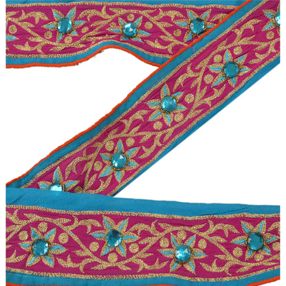 Sanskriti Vintage Sari Border Hand Beaded 1 Yd Trim Sewing Blue Rhinestone Lace