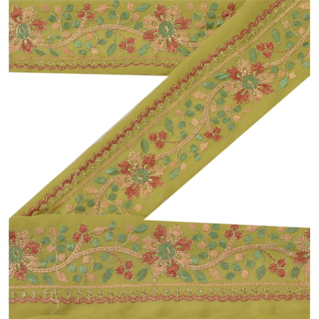 Sanskriti Vintage Sari Border Embroidred 1 Yd Trim Sewing Green Craft Floral Lace