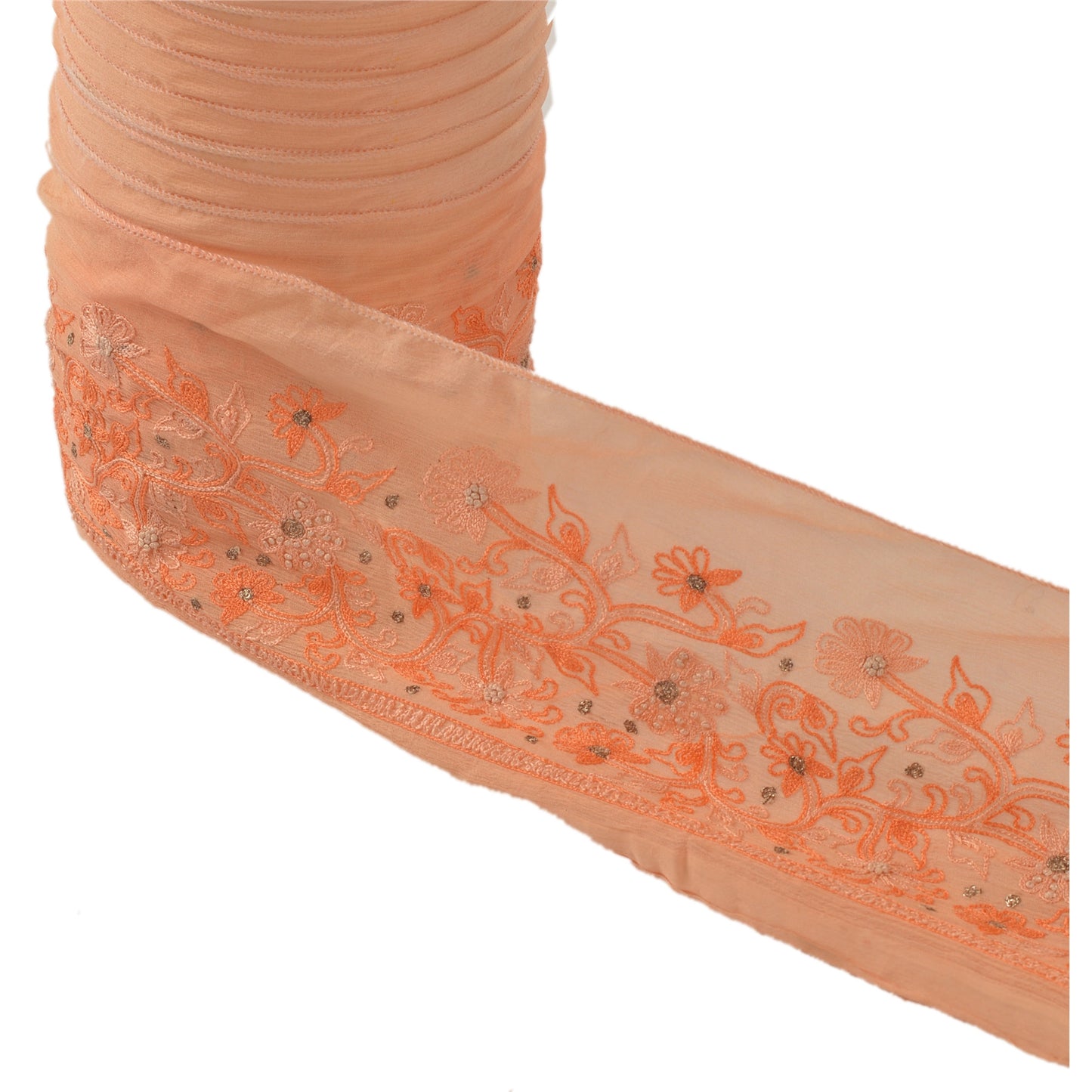 Sanskriti Vintage Sari Border Hand Embroidered 1 YD Trim Sewing Peach Craft Lace