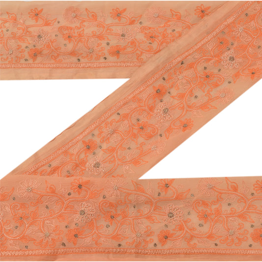 Sanskriti Vintage Sari Border Hand Embroidered 1 YD Trim Sewing Peach Craft Lace