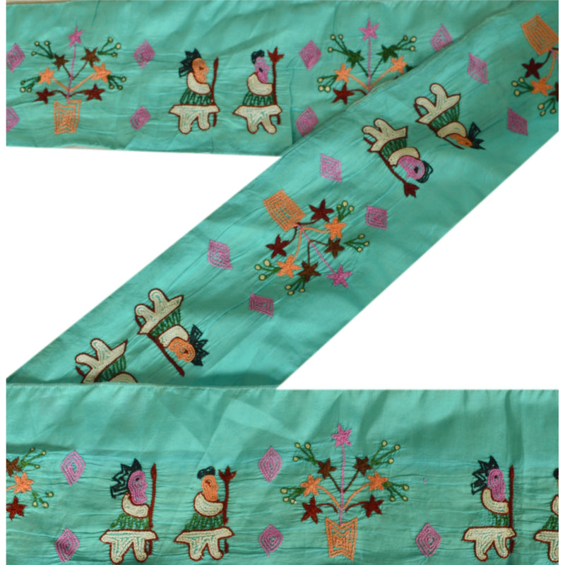 Sanskriti Vintage Turquoise Silk Sari Border: Zardozi Hand Embroidered Lace Trim upholstery fabric