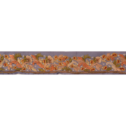Sanskriti Vintage Sari Border Hand Embroidered 1Yd Craft Trim Ribbon Purple Lace