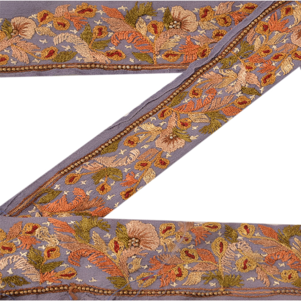 Sanskriti Vintage Sari Border Hand Embroidered 1Yd Craft Trim Ribbon Purple Lace