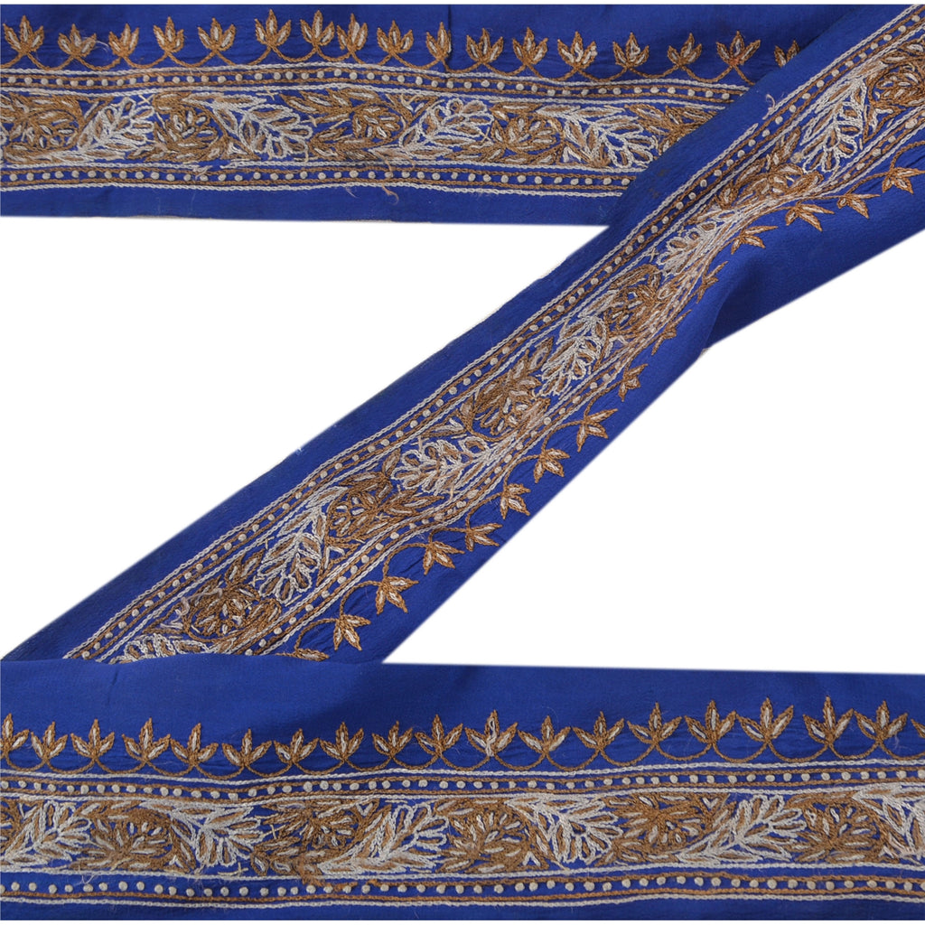 Sanskriti Vintage Sari Border Hand Embroidered 1 Yd Indian Trim Ribbon Blue Lace