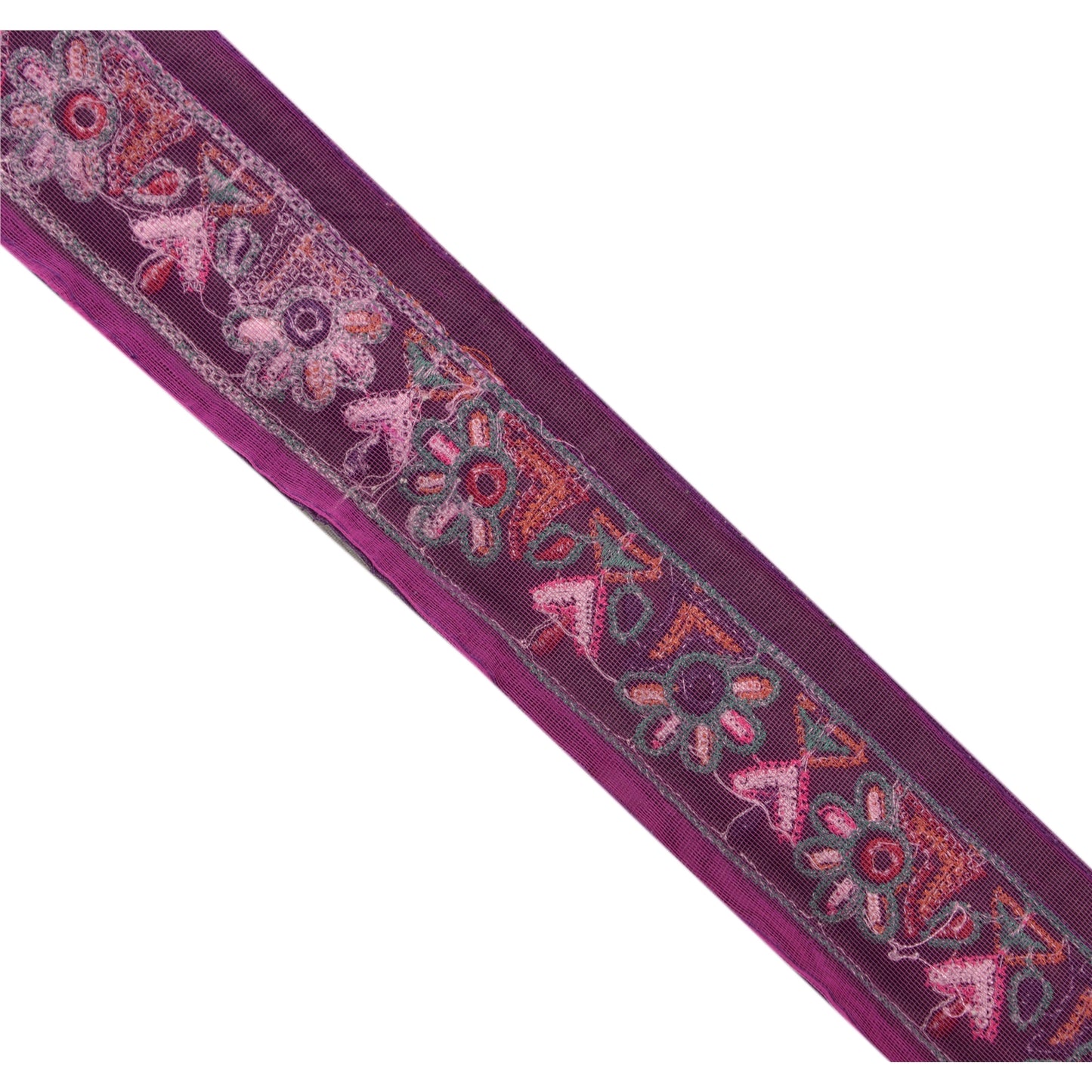 Sanskriti Vintage Kutch Sari Border Embroided 1 Yd Trim Sewing Craft Purple Lace